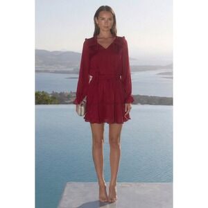 Shabby Chic Women's Burgundy Ruffle Long Sleeve Cottagecore Mini Dress Medium